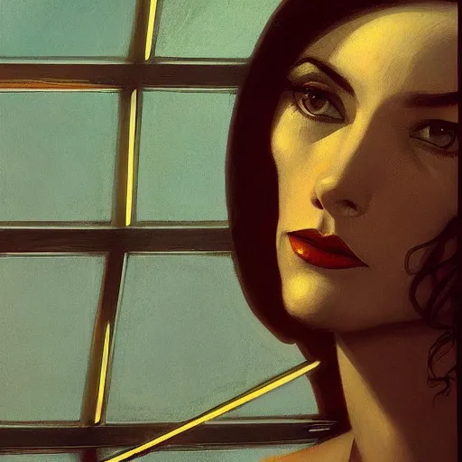 Image similar to detailed face of a woman, clockwork, moment, tectonic sky, skydome, bullet train, jets, turbines, utopian, tech noir, wet reflections, prism, atmospheric, ambient, pj crook, syd mead, livia prima, greg rutkowski, edward hopper