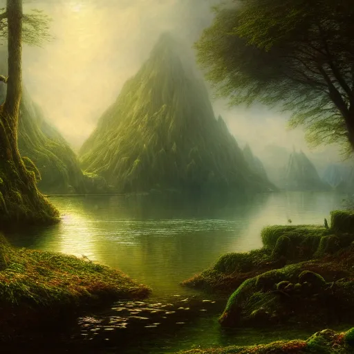 Image similar to a beautiful and highly detailed matte painting of the lost land by a beautiful lake, thick mist, sunlight, celtic, psychedelic, epic scale, insanely complex, hyperdetailed, sharp focus, hyperrealism, artstation, cgsociety, 8 k, bright colors, by caspar friedrich, albert bierstadt, james gurney, brian froud,