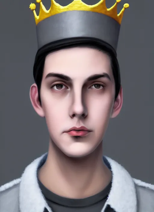 Image similar to portrait of teenage jughead jones wearing a light grey crown, photorealistic, crown made of felt fabric, crown, crown made of felt, black hair, intricate, elegant, highly detailed, digital painting, glowing lights, artstation, concept art, smooth, sharp focus, illustration, art by wlop, mars ravelo and greg rutkowski