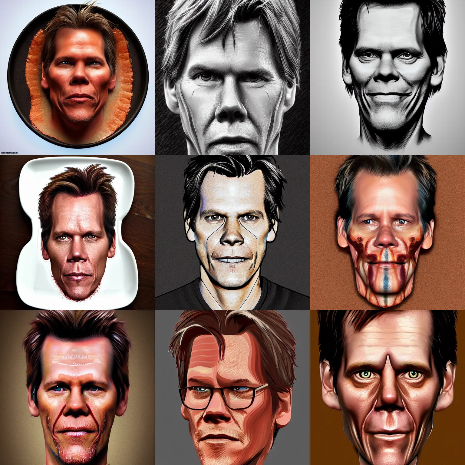 Prompt: kevin bacon's face made of bacon, dish, top view, artstation, digital art
