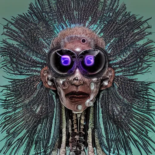 Prompt: a hyphae mechanoid biocouture time traveller shaman with bone virtual reality headset brain to brain sensing interface exoskeleton mask made of fungal mycelial feathered mats