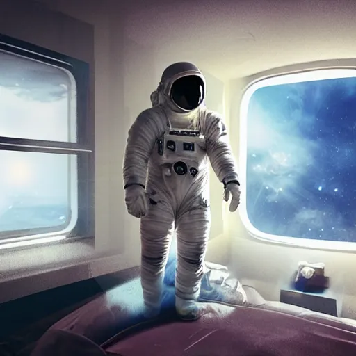 Image similar to astronaut sitting in a cheap hotel room, digital art, epic composition, highly detailed, cinematic lighting