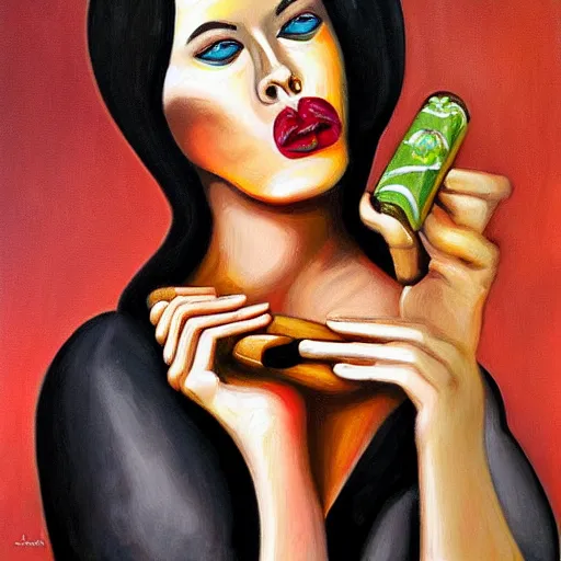 Image similar to female figure sniffing a cigar portrait painting surreal, art by Joan Selder, Surrealism