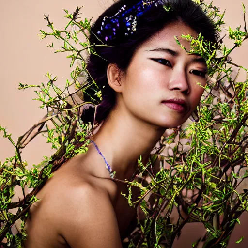 Image similar to photography of the asian queen sitting in the flower thorn, beautiful face, masterpiece costume, jewellery, high quality, elegant, emotionally touching, cool, deep gaze, mystery, tenderness, joe mcnally style