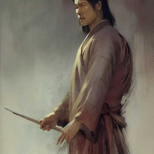 Prompt: a man wearing hanfu, muscular, detailed face, correct face, painting by Gaston Bussiere, Craig Mullins