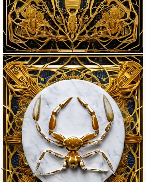 Image similar to symmetry, white marble, white marble bas relief sculpture, white pottery with gold kintsugi, feminine shapes, crabs, spiders, scorpions, tarantulas, stunning, highly detailed, intricately detailed, art nuevo, octane, 8 k, hdr, art by hr geiger and ridley scott and alphonse mucha, trending on artstation