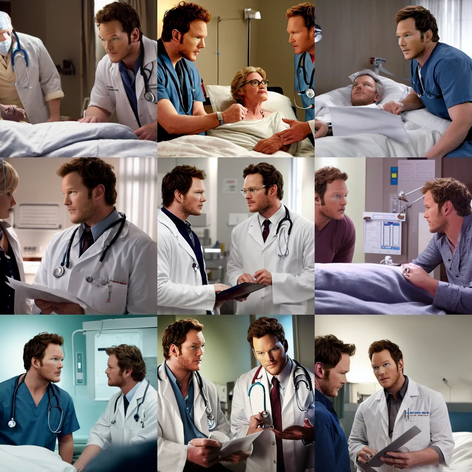 Prompt: a movie scene featuring Chris Pratt as a doctor talking with a patient in bed who is Chris Pratt, a nurse who is Chris Pratt stands nearby with a chart, directed by Stephen Spielberg