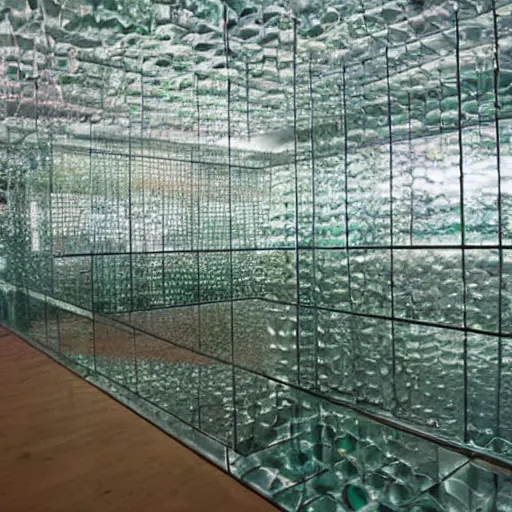 Prompt: photo of a room made of glass in a building made entirely of glass, inside the room are people made entirely of glass