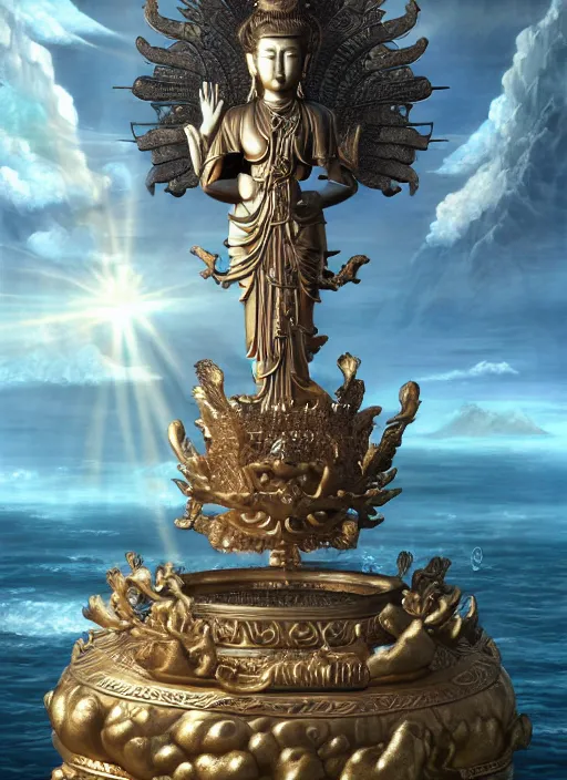 Image similar to guanyin stand on big loutus, a godness of the southern seas, a realistic setting with muted colors, visual novel cover, by yoshitaka amano, zeng fanzhi, jane hamilton, tiffany studios, sunrays shine uponit, frostbite 3 engine, cryengine, dof, trending on artstation, digital art, fantasy detailed background