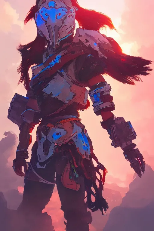 Image similar to combination suit armor aloy horizon forbidden west horizon zero dawn radiating a glowing aura global illumination ray tracing hdr fanart arstation by ian pesty and alena aenami artworks in 4 k tribal robot ninja mask helmet backpack