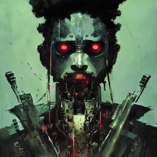 Prompt: afro samurai with robotic eyes in a dark fantasy cynerpunk style by greg rutkowski and android jones, oil on canvas, blacklight color scheme