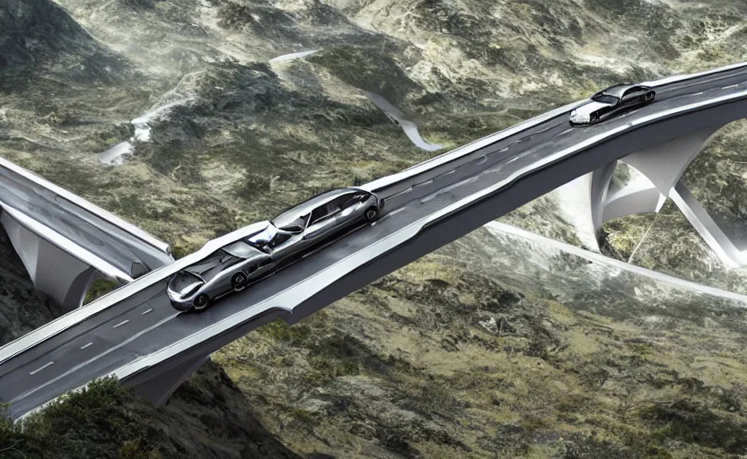 Image similar to valley made of reflective metal, single futuristic car driving on elevated highway