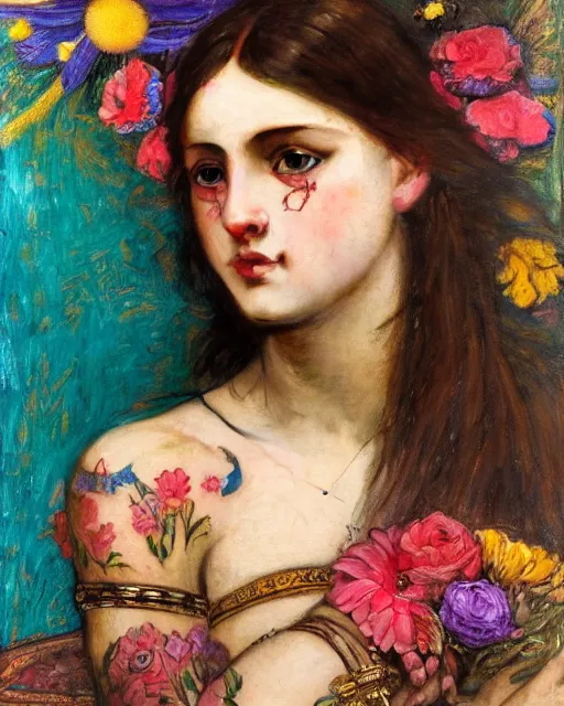 Image similar to close up of a beautiful girl with colourful tattoos surrounded by colourful flowers orientalist intricate portrait by john william waterhouse and edwin longsden long and theodore ralli and nasreddine dinet, oil on canvas. cinematic, hyper realism, dramatic lighting, high detail 8 k