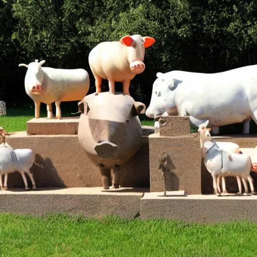 Image similar to statues of a pig, a cow, a horse, a chicken and a sheep