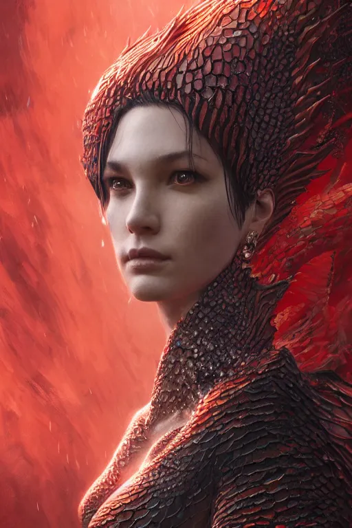 Image similar to a fancy portrait of an attractive dragon women with red dragon scales by Greg Rutkowski, Sung Choi, Mitchell Mohrhauser, Maciej Kuciara, Johnson Ting, Maxim Verehin, Peter Konig, final fantasy , mythical, 8k photorealistic, cinematic lighting, HD, high details, atmospheric,