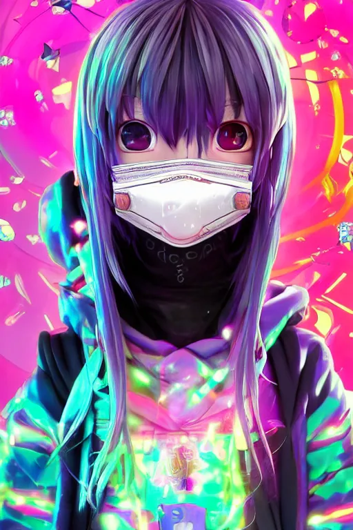 Image similar to portrait of a 3d anime character with cute eyes wearing a psychedelic holographic hoodie kawaii deco fashion, long hair with pastel colors, wearing a cute gas face mask in the style of code vein by Kurumi Kobayashi Koichi Itakura, 3d anime, octane render, dynamic lighting, with glitch and chromatic abbreviations, artstation, cgsociety, imaginefx, by anime concept artist, rendered in unreal engine, WENJR, WLOP, artgerm