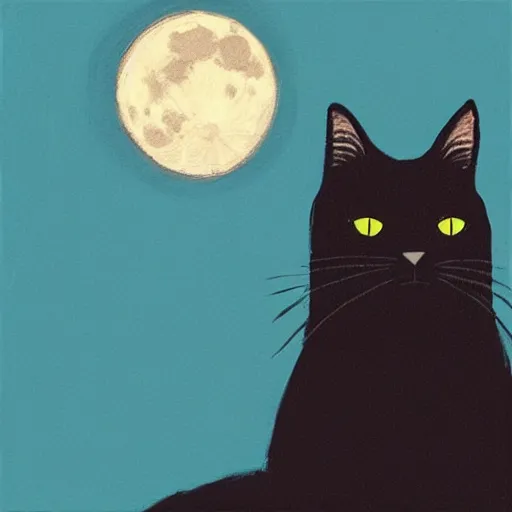 Image similar to “A black cat on top of a building at night with a full moon in the style of Vincent Van Vogh”