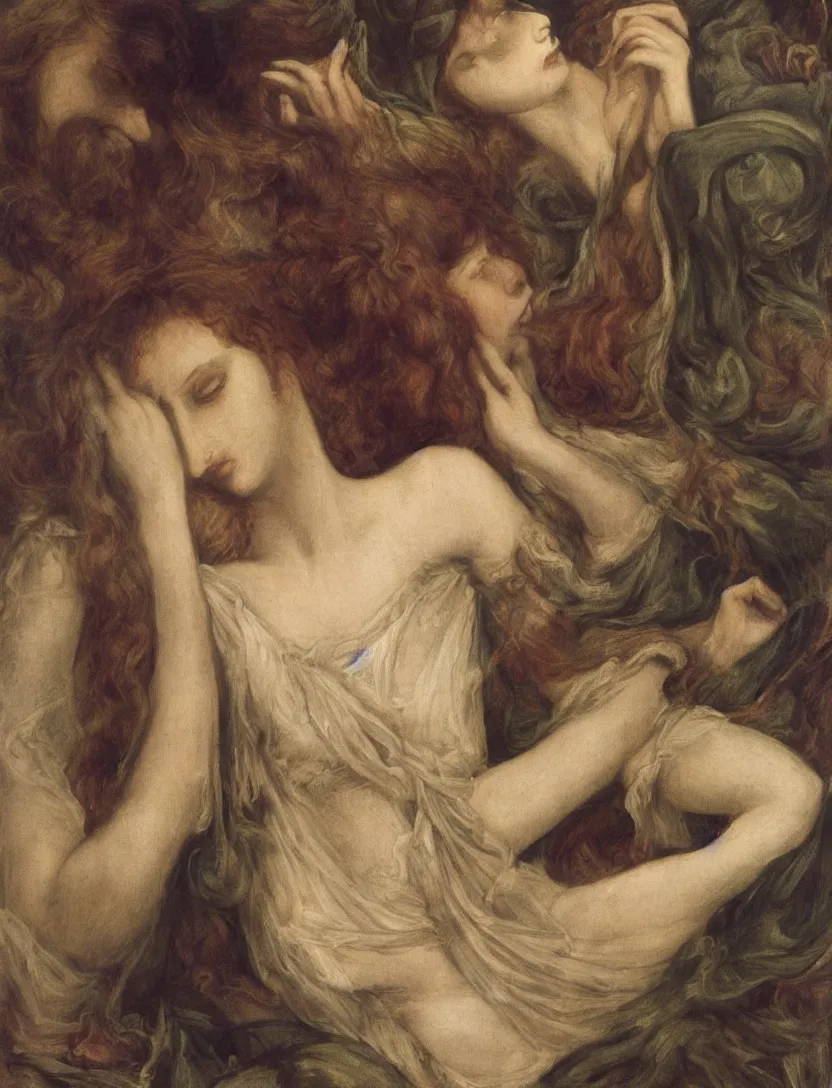 Image similar to Rossetti's inspiration for this painting was the 'Vita Nuova' (New Life), the Italian poet Dante's account of his idealised love for Beatrice, and of her premature death. The death of Beatrice is symbolised by a sudden spiritual transfiguration. A bird, a messenger of death, drops a white poppy between her open hands. The sundial's shadow rests on the figure nine, the number Dante connects mystically with Beatrice and her death. In the background the shadowy form of Dante gazes towards the figure of Love. Rossetti saw this work as a memorial to his wife, Elizabeth Siddall, who had died in 1862.