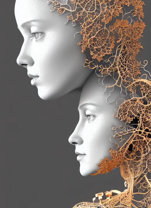 Image similar to complex 3d render ultra detailed of a beautiful porcelain profile woman face, mechanical cyborg, 150 mm, beautiful natural soft light, rim light, silver gold details, magnolia big leaves and stems, roots, fine foliage lace, maze like, mesh wire, intricate details, hyperrealistic, ultra detailed, mandelbrot fractal, anatomical, red lips, white metal neocubism armor, facial muscles, cable wires, microchip, elegant, octane render, H.R. Giger style, 8k