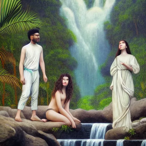 Image similar to a ultradetailed beautiful painting of lorde, frank ocean, the weeknd and lana del rey standing in front of the diamonds waterfall in the amazonas palace balustrade designed by jules bastien - lepage, tarsila do amaral, frank weston and gustave baumann, beach, trending on artstation, mediterranean, palm trees, sharp focus, soft light, 8 k 4 k