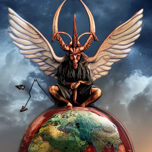 Image similar to a very detailed photo of satan sitting on earth globe, with baphomet and lucifer, creepy, godrays, studio photo, highly detailed, artstation, trending,