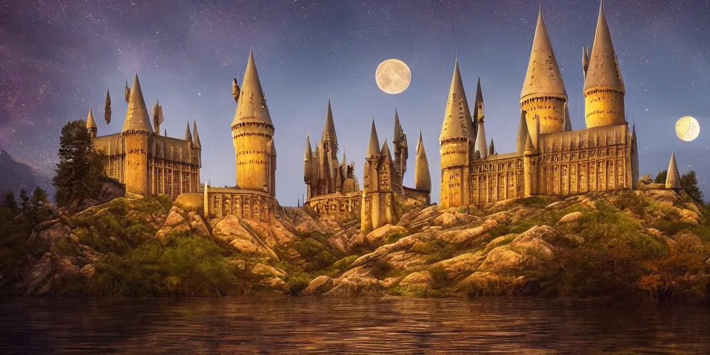 Prompt: insanely detailed long shot of hogwarts castle next to a lake at night with glowing windows cloudy night bright moon, harry potter