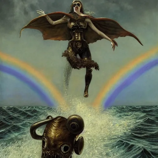 Image similar to a hyper realistic painting of death standing on the back of a dolphin that is jumping over a rainbow, by james c christensen and santiago caruso,