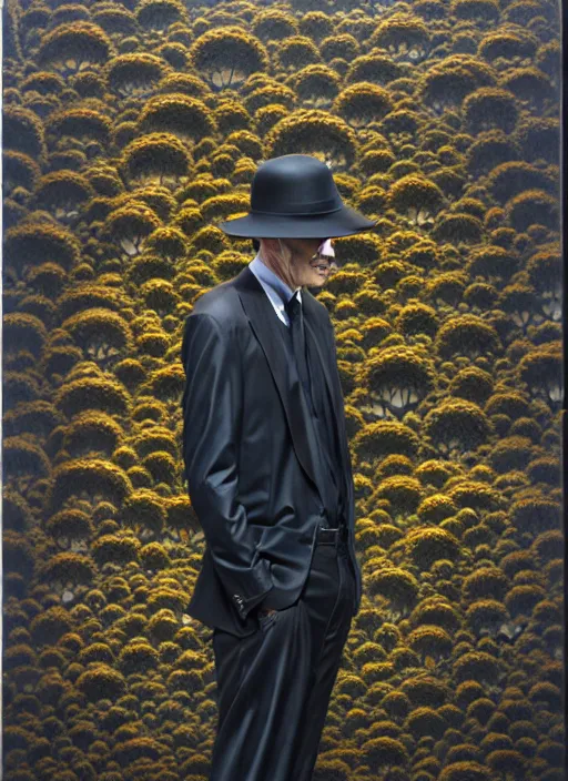 Image similar to an man in a black suit with a flowery shrub instead of a head, intricate, highly detailed, concept art, hyperrealistic, oil painting by greg staples, 8 k