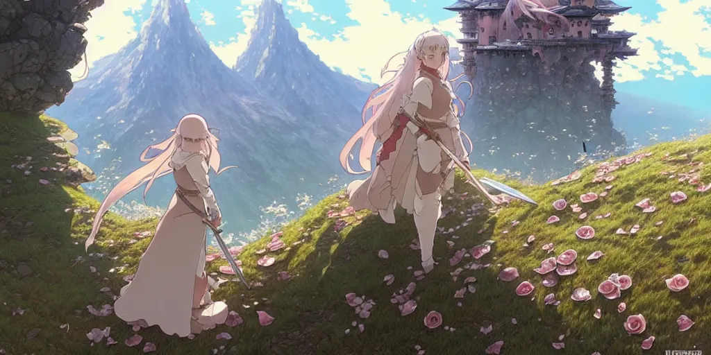 Image similar to the knight and the sword of rose petal, anime, castle core, mountains, rocky roads. by hayao miyazaki and rossdraws and artgerm and greg rutkowski and alphonse mucha and studio ghibli. high quality, stunning, intricate detailed environment. 8 k