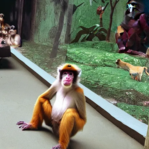 Image similar to koko the monkey visits the zoo, in the style of a 9 0 s cartoon