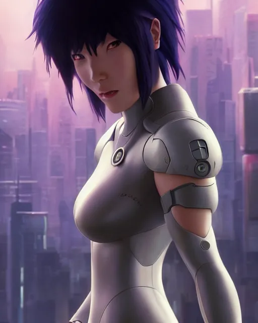 Image similar to weta disney pixar movie still portrait photo of motoko kusanagi ghost in the shell : : as cyborg woman by pixar : : by weta, wlop, ilya kuvshinov, rossdraws, artgerm, marvel, maxim cover, latex, octane render, sweaty, iridescent, bright morning, anime, liosh, mucha : :