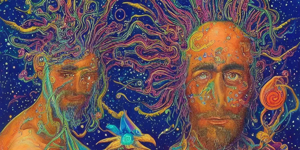 Prompt: a beautiful cosmic detailed painting of an spiritual mystic man in a new world with strage but beautiful beings and psychedelic surreal forms