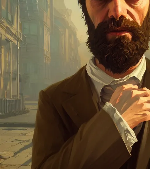 Image similar to highly detailed portrait dostoevsky in gta v, stephen bliss, unreal engine, fantasy art by greg rutkowski, loish, rhads, ferdinand knab, makoto shinkai and lois van baarle, ilya kuvshinov, rossdraws, tom bagshaw, global illumination, radiant light, detailed and intricate environment