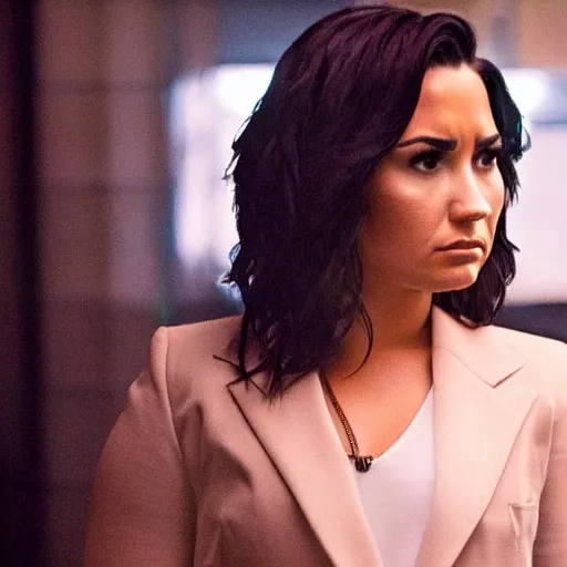 Image similar to close-up of Demi Lovato as a detective in a movie directed by Christopher Nolan, movie still frame, promotional image, imax 70 mm footage