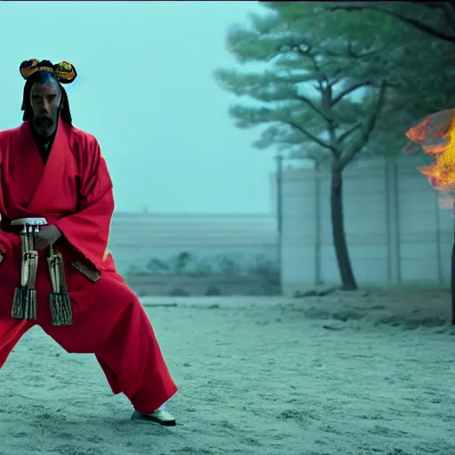 Image similar to cinematic film still of Snoop Dogg starring as a Samurai holding fire, Japanese CGI, VFX, 2022, 40mm lens, shallow depth of field, film photography
