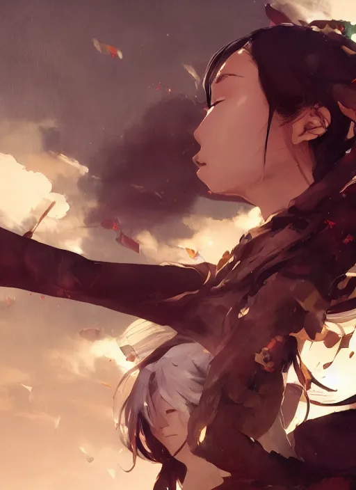 Image similar to yukiko okada looking to the skies, cinematic lighting, dramatic atmosphere, artwork by dustin nguyen, akihiko yoshida, greg tocchini, greg rutkowski, cliff chiang, 4 k resolution, trending on artstation,