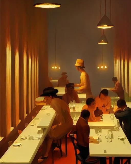 Image similar to restaurant from the 50's painted by George Tooker volumetric lighting, back lighting, rimlight, dramatic lighting, digital painting, highly detailed, artstation, sharp focus, illustration, Artgerm, Jean-Léon Gérôme , ruan jia