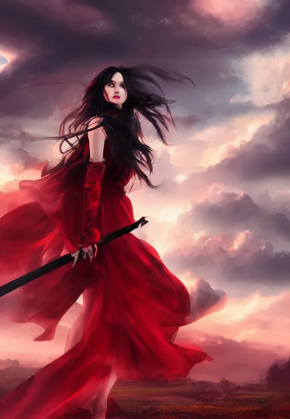 Prompt: a beautiful fierce long black haired woman wearing red dress wielding black sword posing gracefully, heavenly moonlit clouds background, close up shot, artstation, extremely detailed woman, stunning volumetric lighting, hyper realism, fantasy 4k