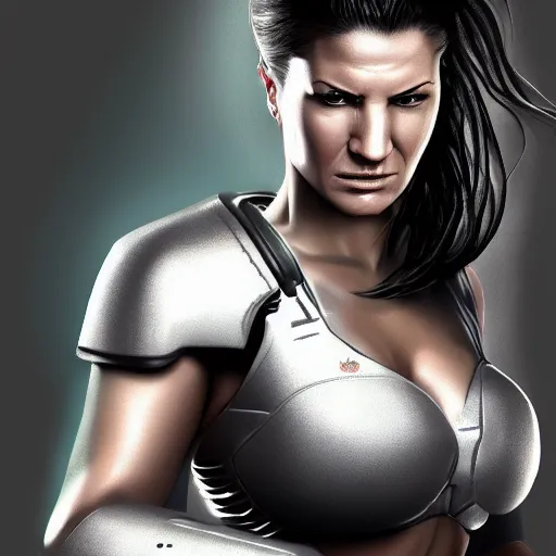 Image similar to beautiful digital painting of gina carano with one robotic cybernetic metallic grey arm, fighting pose, cyberpunk, highly detailed, hyperrealism, concept art, 8 k