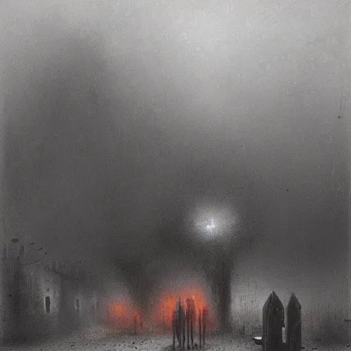 Prompt: sebilj in post - apocalyptic sarajevo, smoke and ash, painting by beksinski