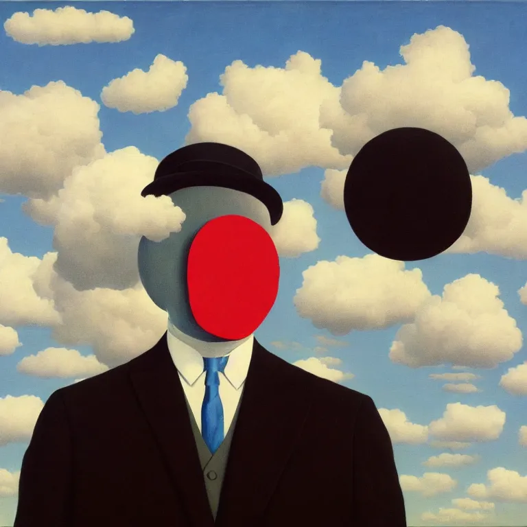 Image similar to portrait of a faceless chrome - head man in a suit, clouds in the background, by rene magritte, detailed painting, distance, centered, hd, hq, high resolution, high detail, 4 k, 8 k