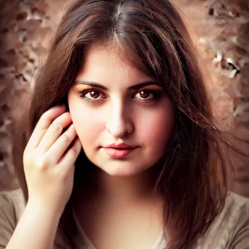 Prompt: A portrait of a plump woman, a cute art neuveau woman with straight brown hair in a Bob, no bangs, brown eyes, full face, olive skin, romanian heritage, medium shot, mid-shot, 8k, by mucha