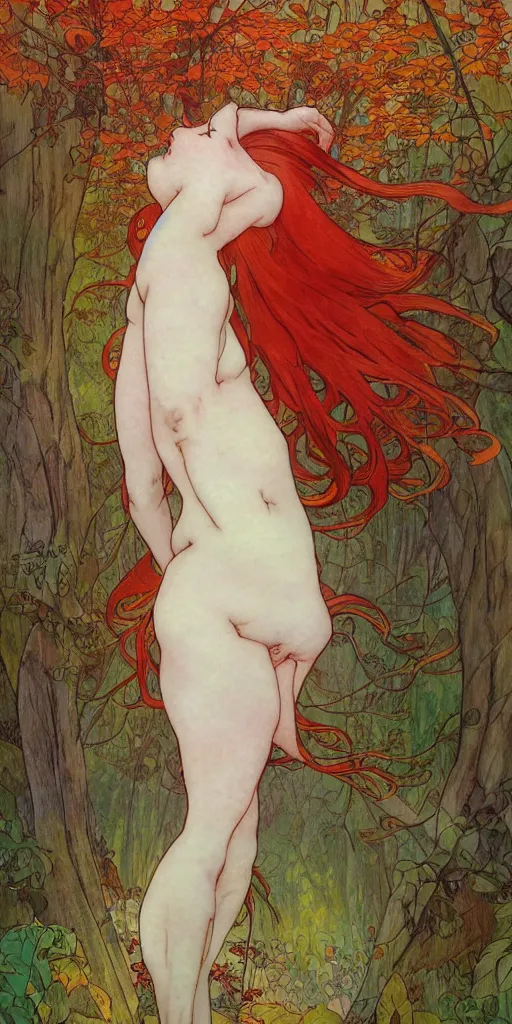 Image similar to a beautiful illustration of a red-head female in a forest, autumn, cinematic composition, mist, style of yoshitaka amano and alfons mucha
