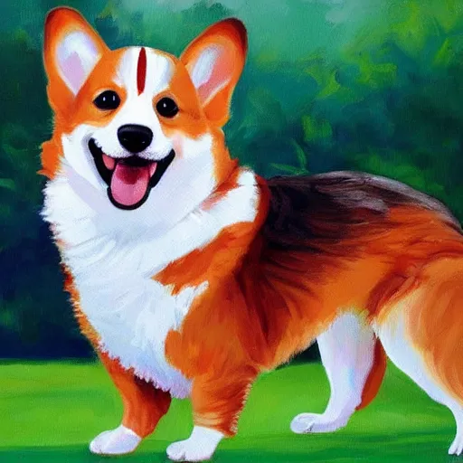 Prompt: corgi playing painting, cute, happy, smiling