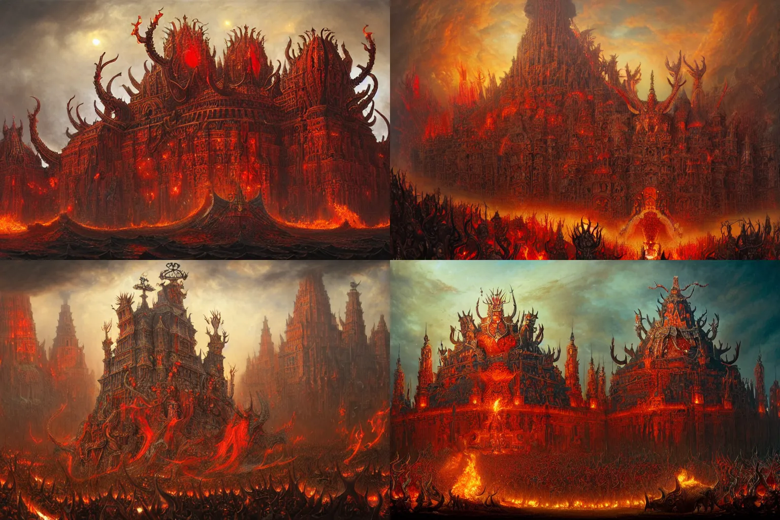 Prompt: diadems, crowns, on a ten horned beast with seven heads, fiery red, detailed, intricate, matte painting by Mariusz Lewandowski, Greg Rutkowski and Jacek Yerka