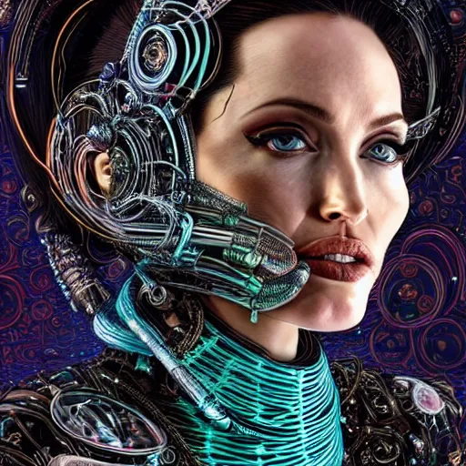 Prompt: the portrait of an absurdly elegant, sophisticated, fashionable ottomanpunk robotess idol, an ultrafine hyperdetailed illustration of angelina jolie and megan fox by kim jisu, intricate linework, neon wiring, electronics, porcelain skin, unreal engine 5 highly rendered, global illumination, radiant light, detailed and intricate environment, by rutkowski, artgerm, marvel comics