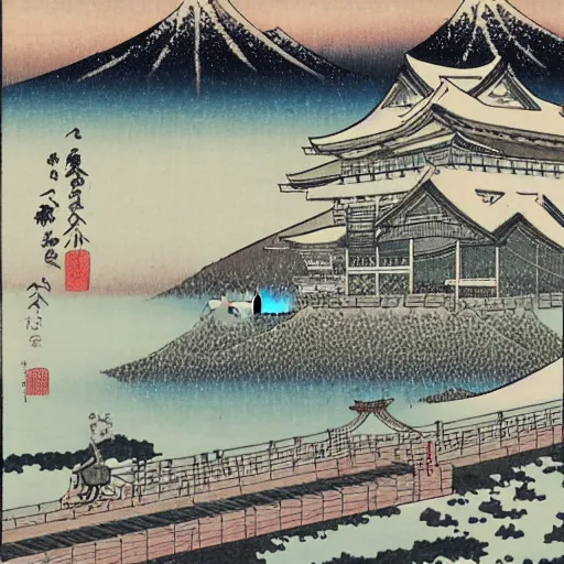 Image similar to japanese city built into a snowy mountain range in ukiyo - e style