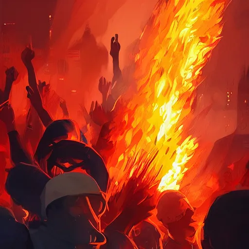 Image similar to people violently protest in London, burning buildings, Brexit flag in flames, 2d, ultra highly detailed, digital painting, smooth, sharp focus, artstation, pixiv, art by Ilya Kuvshinov