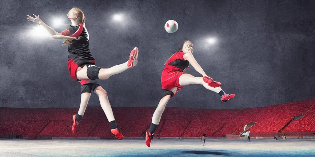 Image similar to young woman plays handball in a stadium, epic lighting, digital art