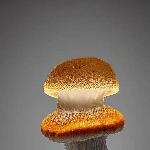 Image similar to one roud mushroom cap is hous, bottom view, luminous lamellae are clearly visible, no stipe, black background, d&d, epic composition